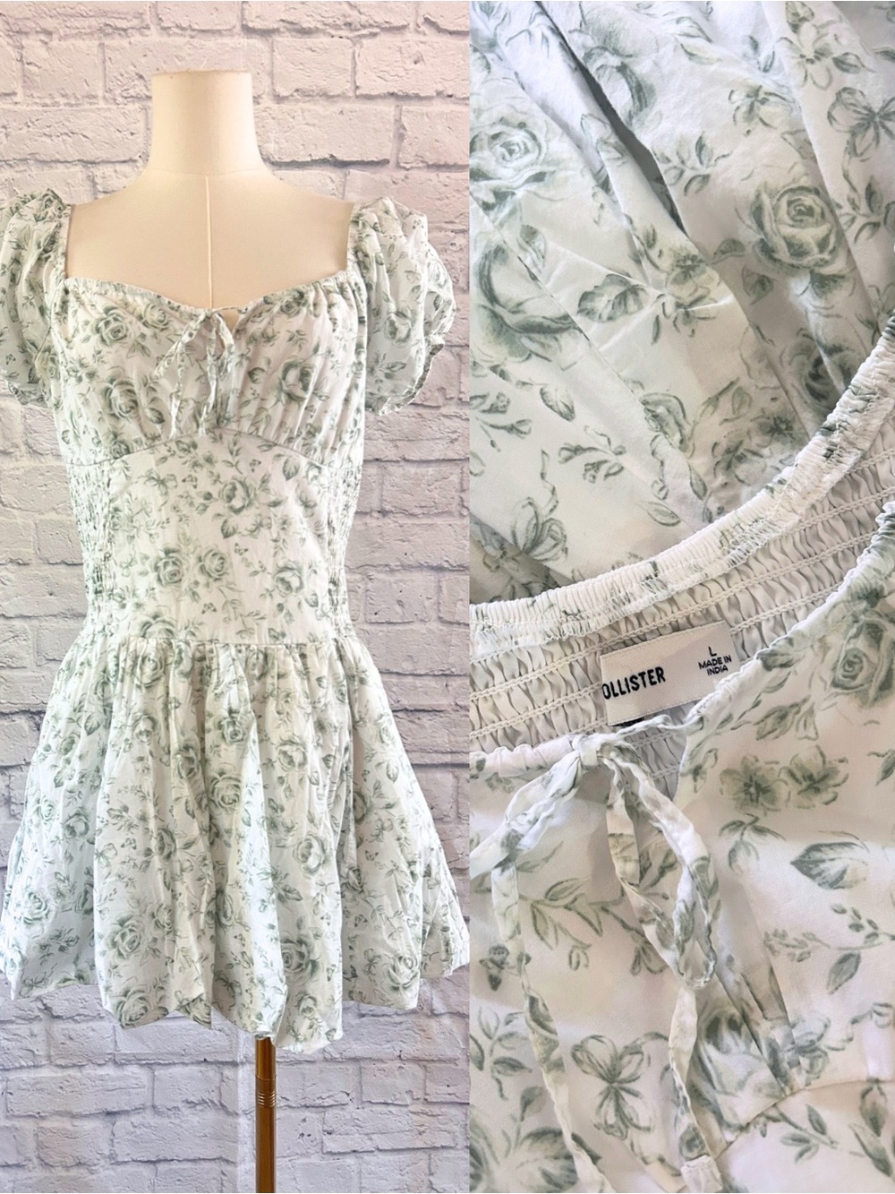 Hollister Floral Romper Shorts Cotton White Sage Green Cottagecore Peasant